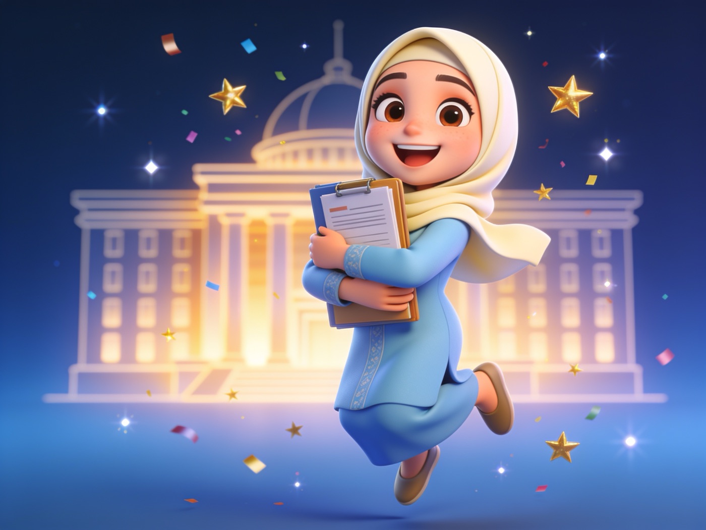 Ilustrasi calon berjaya memeluk dokumen dengan bangunan kerajaan bercahaya di belakang