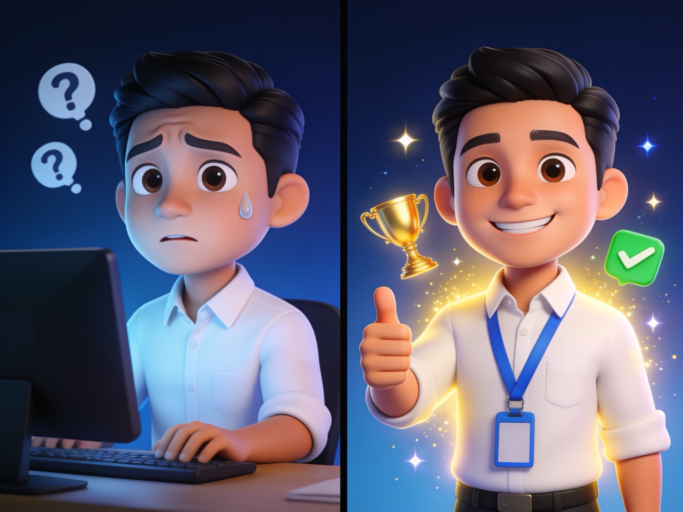 Ilustrasi calon keliru depan komputer berbanding calon yakin selepas biasa dengan format PSEE