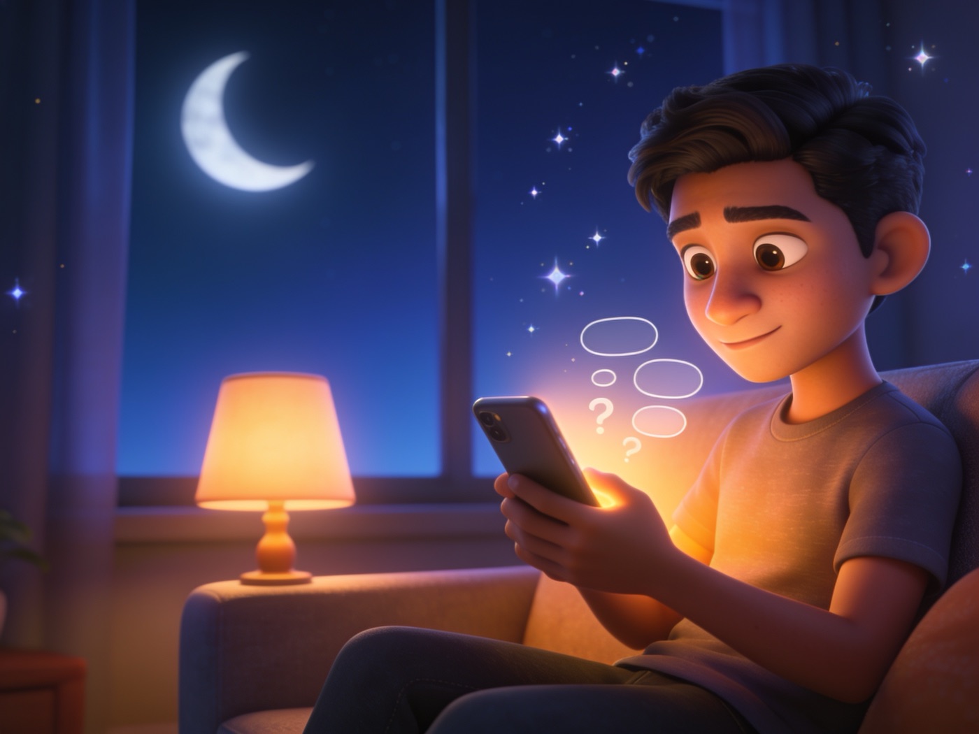 Ilustrasi calon berlatih soalan PSEE di telefon pada waktu malam