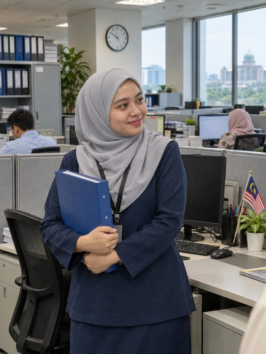 Pegawai berbaju kurung memegang fail di ruang pejabat kerajaan