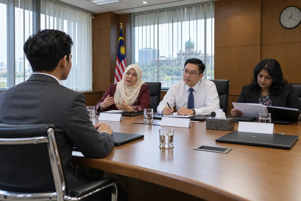 Calon menghadap panel temuduga tiga pegawai di bilik mesyuarat pejabat kerajaan