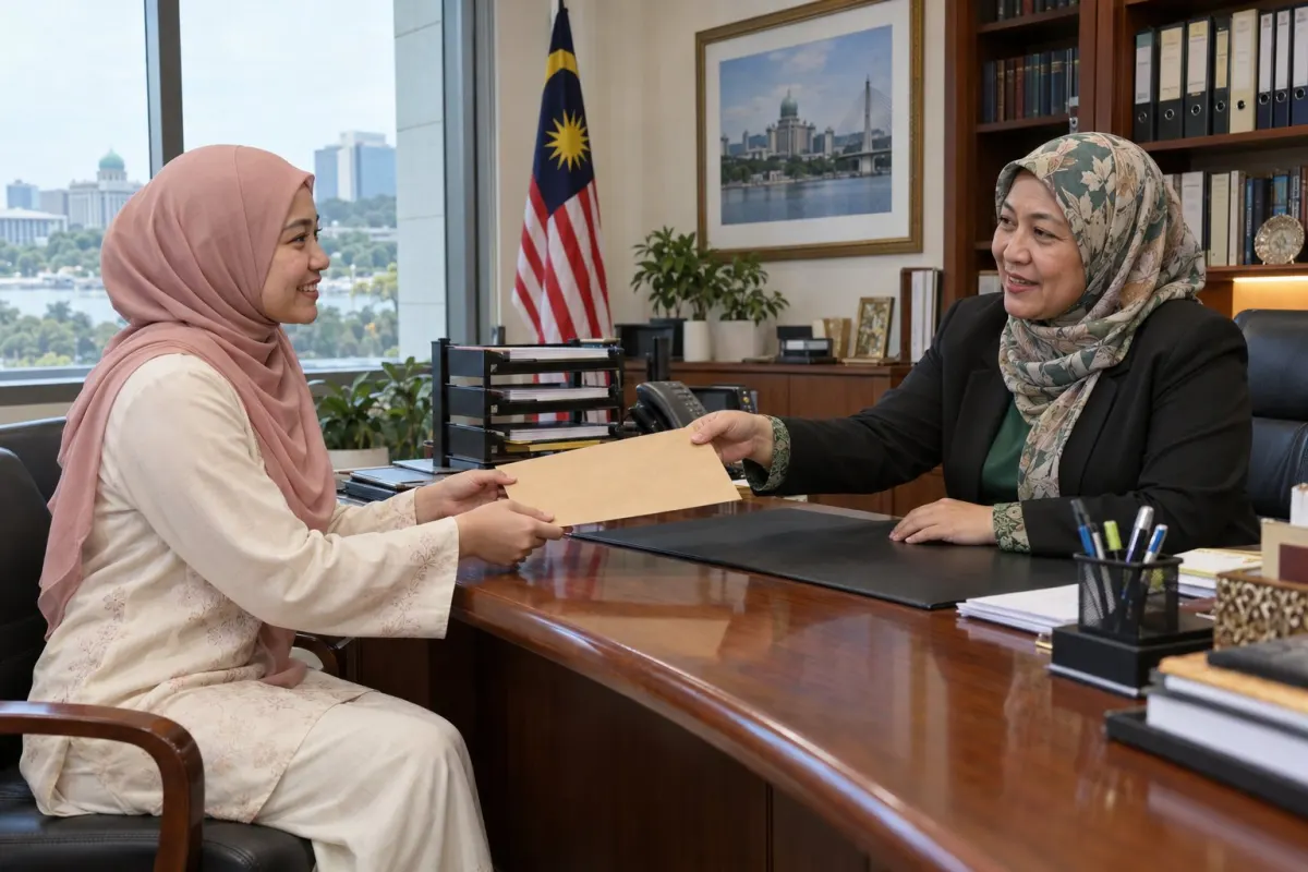 Pegawai kanan menyerahkan sampul surat lantikan kepada pegawai baharu di bilik pejabat