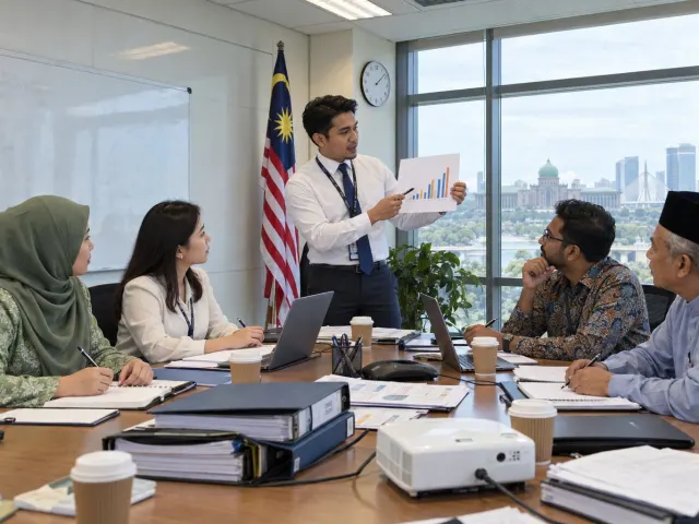 Pegawai berkemeja dan bertali leher membentangkan carta kepada rakan sekerja di bilik mesyuarat