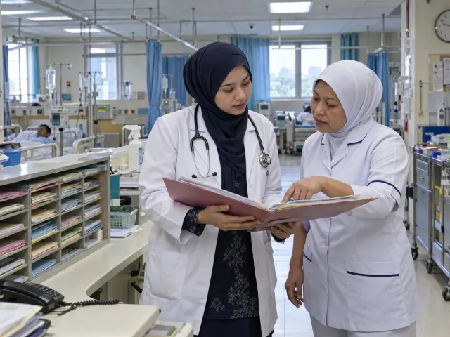 Doktor bertudung dan jururawat kanan menyemak fail pesakit di kaunter wad hospital