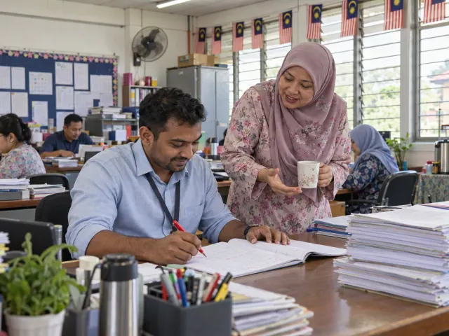 Guru menanda buku latihan di bilik guru sambil berbual dengan rakan