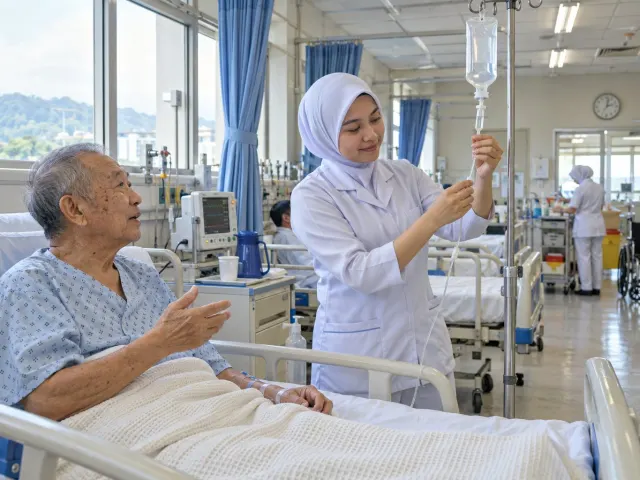 Jururawat membetulkan titisan air untuk pesakit warga emas di wad hospital