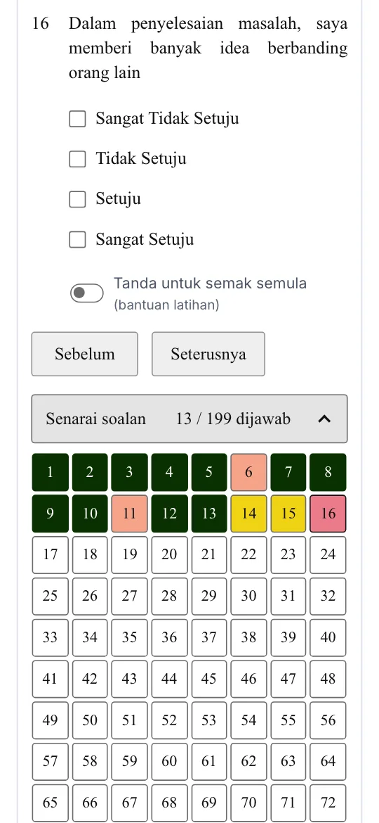 Grid nombor soalan Mod Peperiksaan, 13 daripada 199 dijawab, dengan warna dijawab, dilihat, perlu dijawab semula dan sedang dilihat